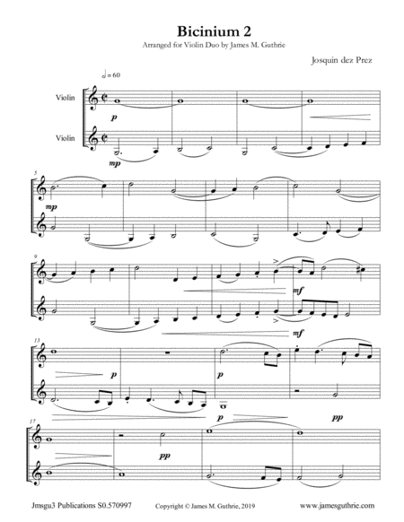 Josquin Bicinium 2 For Violin Duo Sheet Music