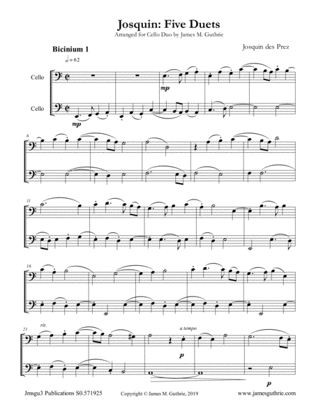 Josquin Five Duets For Cello Duo Sheet Music