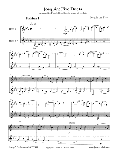 Josquin Five Duets For French Horn Duo Sheet Music