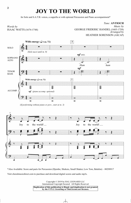 Free Sheet Music Joy To The World Arr Heather Sorenson