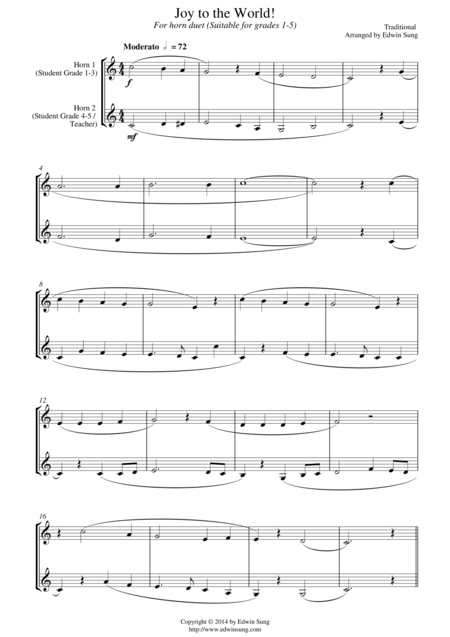 Free Sheet Music Joy To The World For Horn Duet Suitable For Grades 1 5