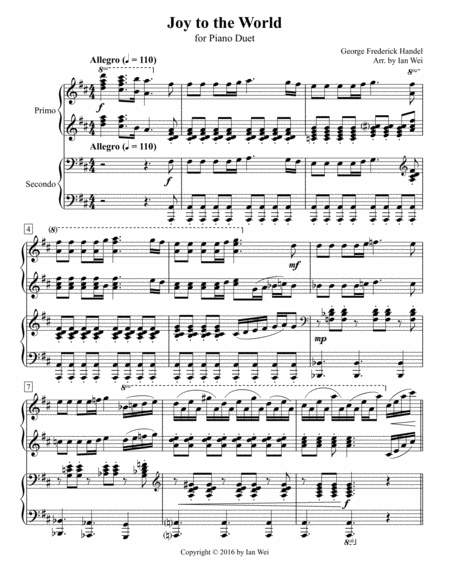 Joy To The World For Piano Duet Sheet Music