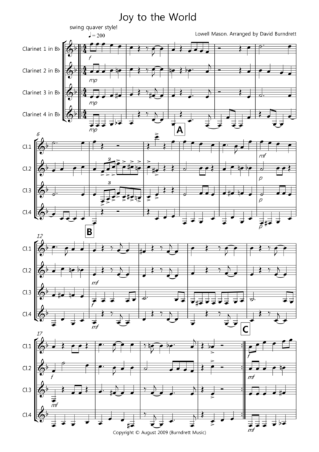 Joy To The World Jazzy Style For Clarinet Quartet Sheet Music