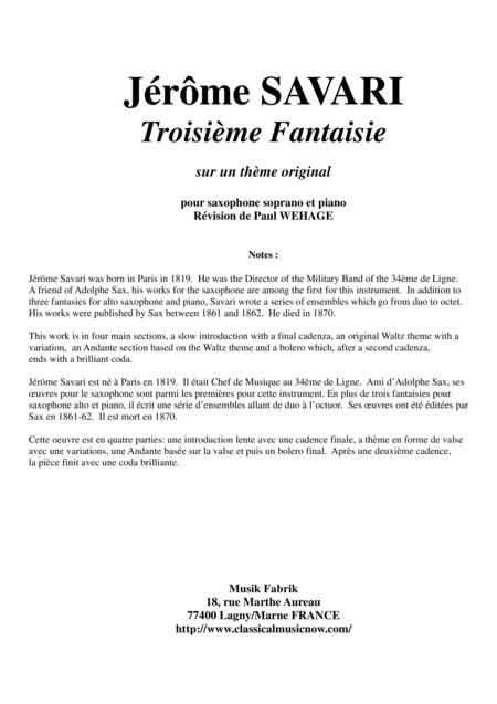 Jrme Savari Troisime Fantaisie Sur Un Thme Original Pour Saxophone Soprano Et Piano Sheet Music