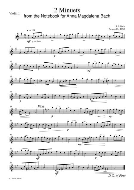 Js Bach 2 Minuets From The Notebook For Anna Magdalena Bach For String Quartet Cb217 Sheet Music