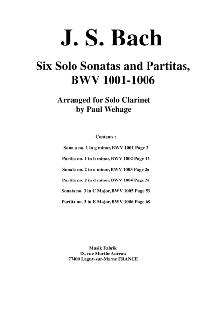 Js Bach 6 Sonatas And Partitas For Solo Violin Bwv 1001 1006 Arranged For Solo Clarinet Sheet Music