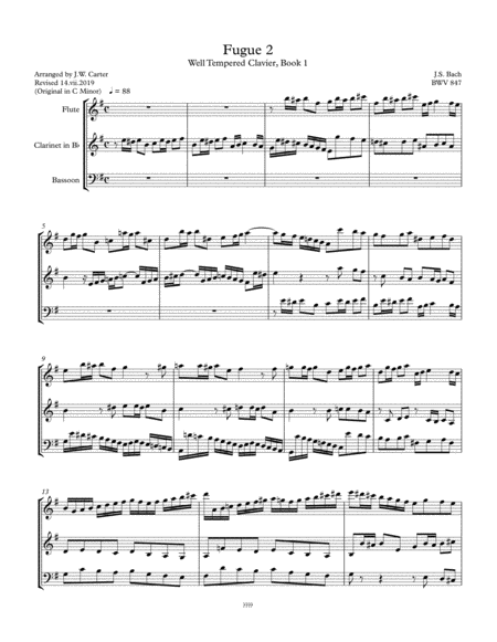 Free Sheet Music Js Bach Fugue 2 Wtc I Bwv 953 Arranged For Flute Clarinet Bassoon