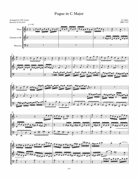 Free Sheet Music Js Bach Fugue In C Bwv 953 Arranged For Flute Clarinet Bassoon