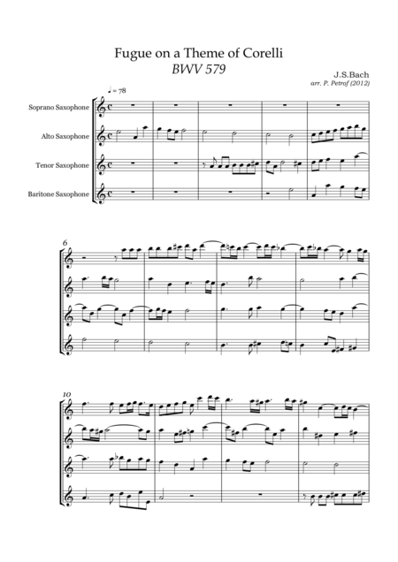 Js Bach Fugue On A Theme Of Corelli Bwv 579 For 4 Saxophone Quartet Score And Parts Sheet Music