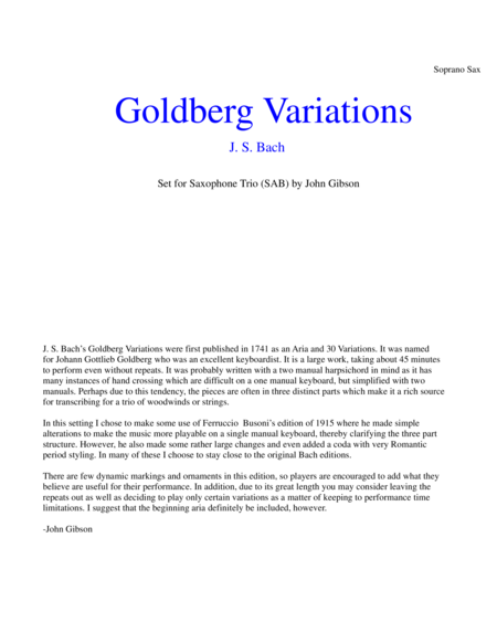 Js Bach Goldberg Variations Set For Saxophone Trio Soprano Alto Baritone Parts Sheet Music