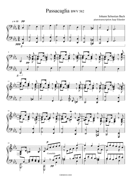 Js Bach Passacaglia Bwv 582 Arrangment Transcription For Piano By Jaap Eilander Sheet Music