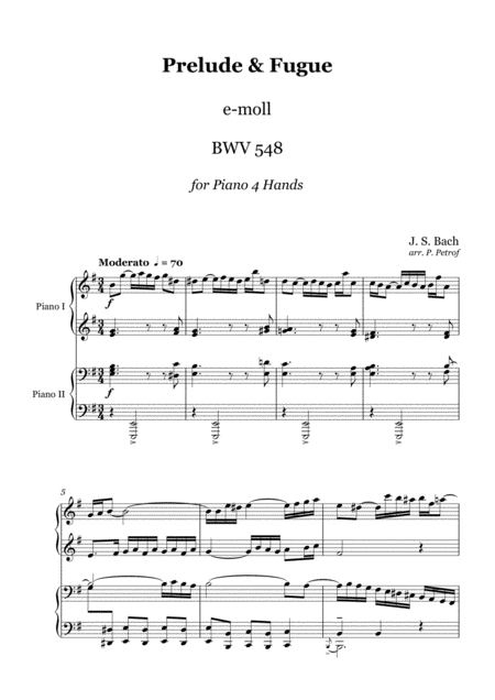 Js Bach Prelude Fugue Bwv 548 1 Piano 4 Hands Sheet Music