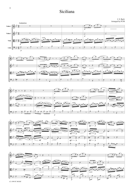 Js Bach Siciliana For String Quartet Cb210 Sheet Music