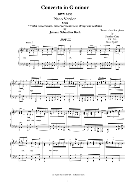 Js Bach Violin Concerto In G Minor Bwv 1056 Mov 3 Presto Piano Solo Sheet Music