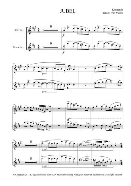 Jubel Klingande Complete Transcription For Alto Or Tenor Sax Sheet Music