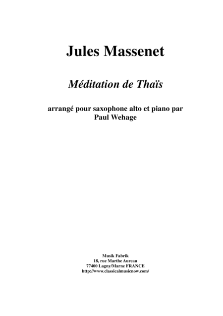 Free Sheet Music Jules Massenet Meditation From Thais Arranged For Alto Saxophone And Piano