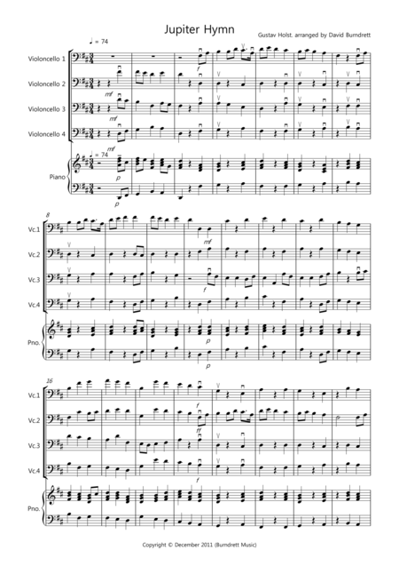 Free Sheet Music Jupiter Hymn For Cello Quartet