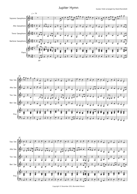 Free Sheet Music Jupiter Hymn For Saxophone Quartet