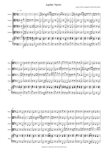 Free Sheet Music Jupiter Hymn For Viola Quartet