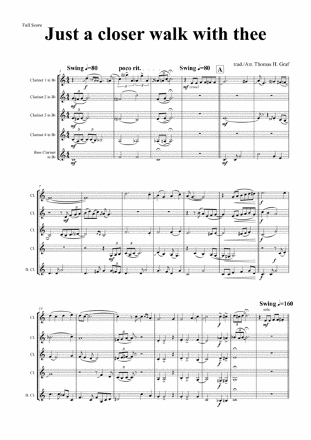 Just A Closer Walk With Thee New Orleans Funeral Clarinet Quintet Sheet Music