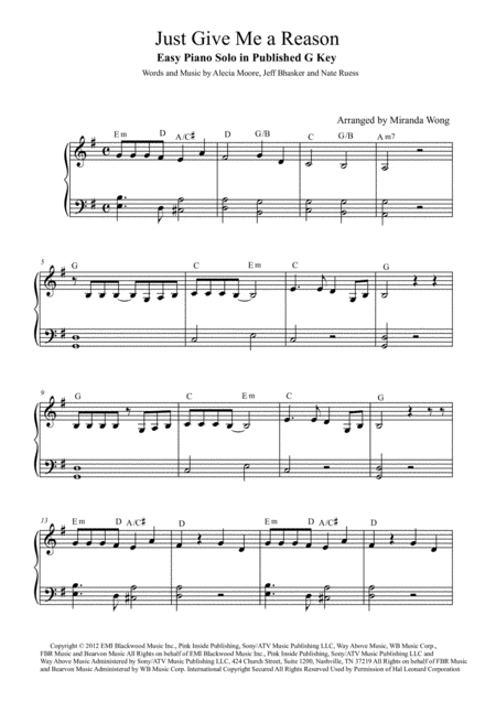 Just Give Me A Reason Easy Piano Solo In Published G Key With Chords Sheet Music