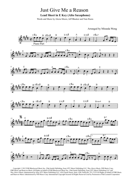 Free Sheet Music Just Give Me A Reason Lead Sheet In E Key Alto Saxophone