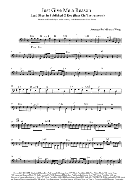 Free Sheet Music Just Give Me A Reason Lead Sheet In Published G Key Bass Clef Instruments
