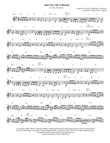 Just Give Me A Reason Lead Sheet Pink Nate Ruess Sheet Music