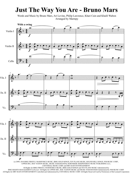 Free Sheet Music Just The Way You Are Bruno Mars Arranged For String Trio