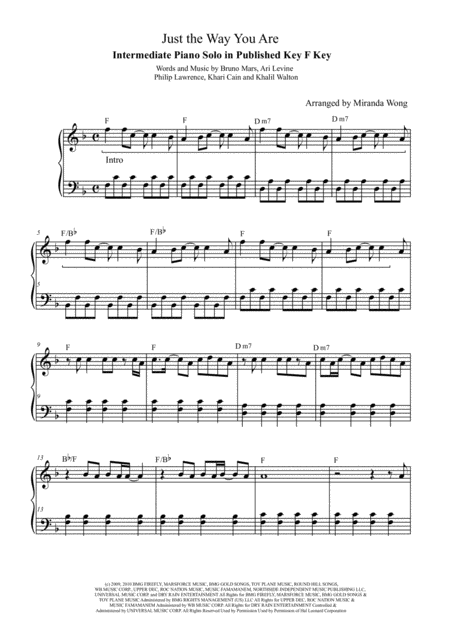 Just The Way You Are Intermediate Piano Solo In Published F Key With Chords Sheet Music