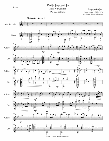 Kani Vur Jan Im As Long As I Live Arranged For Alto Recorder And Classical Guitar Sheet Music