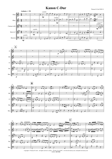 Free Sheet Music Kanon C Major Wind Quintet