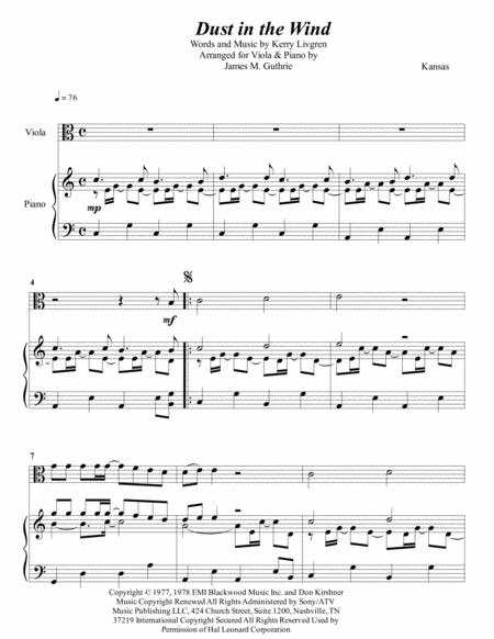 Kansas Dust In The Wind For Viola Piano Sheet Music