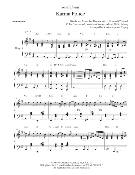 Karma Police Radiohead Solo Harp Arrangement Sheet Music