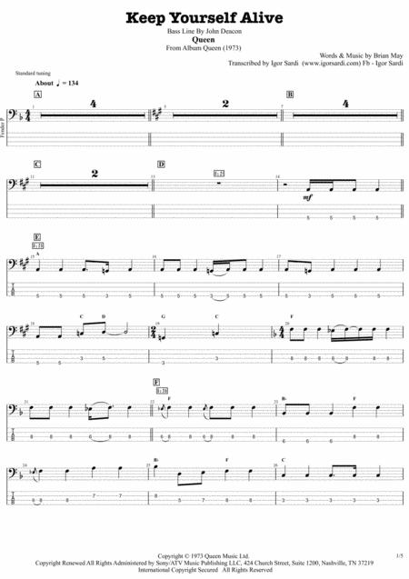 Keep Yourself Alive Queen John Deacon Complete And Accurate Bass Transcription Whit Tab Sheet Music