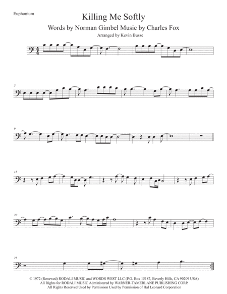 Killing Me Softly With His Song Euphonium Easy Key Of C Sheet Music