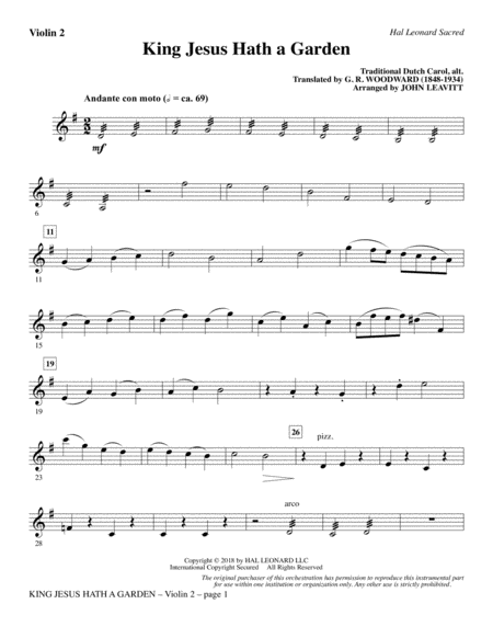 King Jesus Hath A Garden Arr John Leavitt Violin 2 Sheet Music