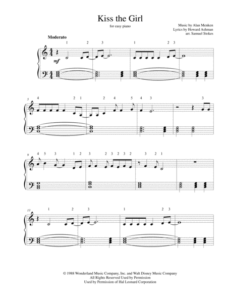 Kiss The Girl For Easy Piano Sheet Music