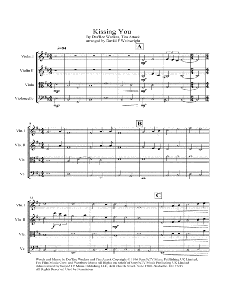 Kissing You Arranged For String Quartet With Score Parts Rehearsal Letters And Mp3 Sheet Music