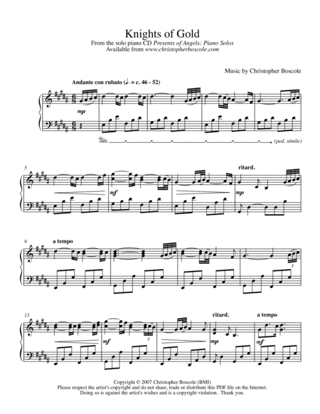 Knights Of Gold Piano Solo By Christopher Boscole Sheet Music