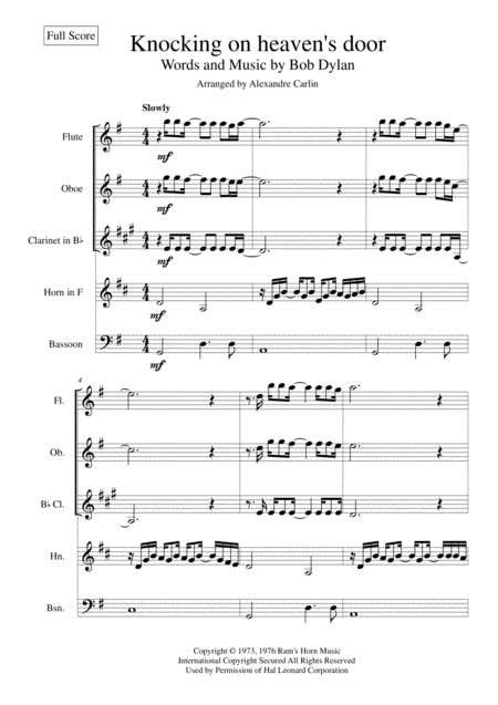 Knockin On Heavens Door For Wind Quintet Sheet Music