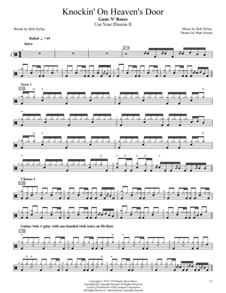 Knockin On Heavens Door Guns N Roses Drums Sheet Music