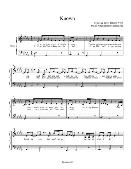 Free Sheet Music Known Tauren Wells Sheet Music Easy Piano