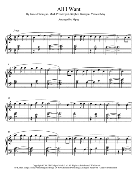 Kodaline All I Want Easy Piano Solo Sheet Music