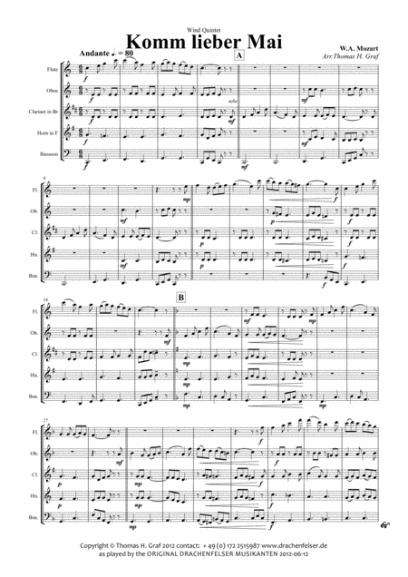 Komm Lieber Mai German Folk Song Wind Quintet Sheet Music