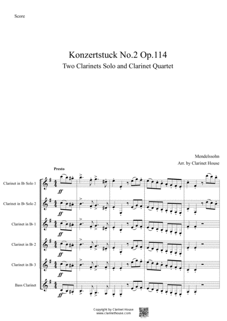 Konzertstuck Opus 114 No 2 For 2 Clarinets And Quartet Sheet Music