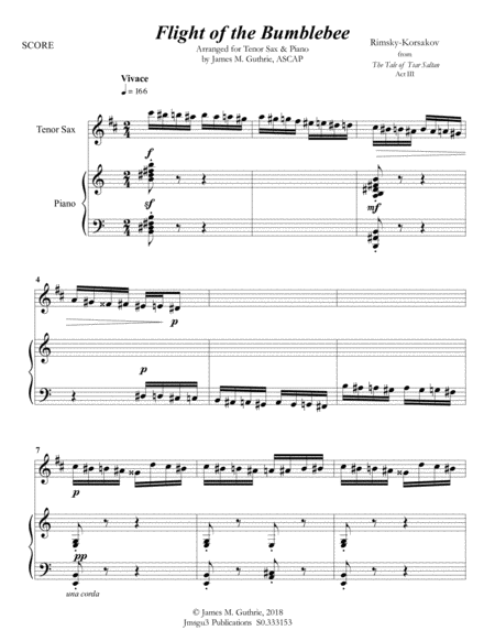 Korsakov Flight Of The Bumblebee For Tenor Sax Piano Sheet Music