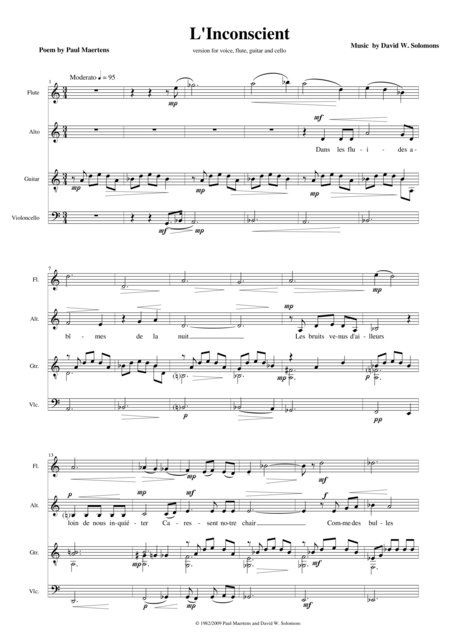 Free Sheet Music L Inconscient For Flute Alto Voice Cello And Guitar