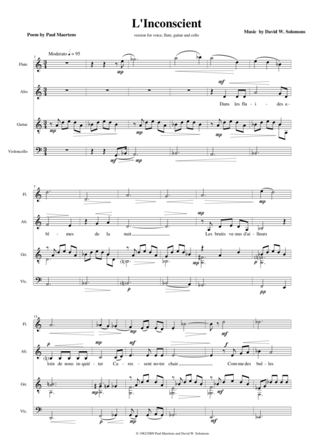 L Inconscient For Flute Alto Voice Cello And Guitar Sheet Music