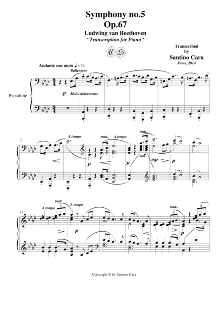 Free Sheet Music L Van Beethoven Symphony No 5 Op 67 For Piano 2nd Mov Andante Con Moto